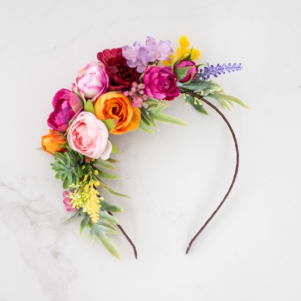 Colorful flower headband, bright flower headpiece, mexican flower crown, frida flower crown, rainbow floral headpiece, side flower hairpiece