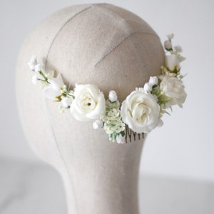 Ivory flower comb wedding, ivory rose floral hair comb bridal, baby breath flower comb