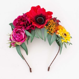 Poppy flower headband, bright flower headpiece, mexican flower crown, frida flower crown, colorful  floral headpiece, flower hairpiece
