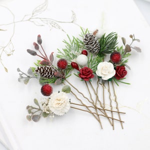 Winter wedding hair pins, set floral hair pins, christmas flower bobby pins, burgundy white bridesmaid hair pin, pine cone hair clips