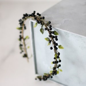 Green leaf headband with black beads, dainty floral crown, dark flower crown, black flower crown