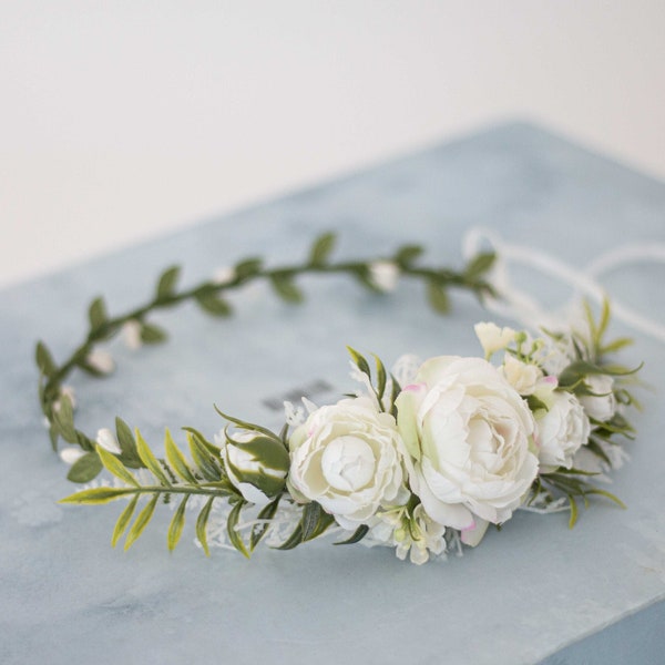 White peony flower crown wedding, white head wreath, boho floral headband, bride bridesmaid head piece, flower girl halo, tiara white roses