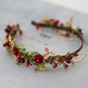 Dainty flower crown, red rose flower headband, fairy crown, elven tiara, red flower crown, bridal flower headpiece, elvish crown