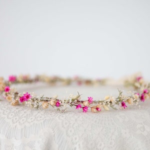 Dried flower crown wedding, meadow floral headband, hot pink fuchsia flower headpiece, baby&#39;s breath crown, dainty hair wreath, flower girl