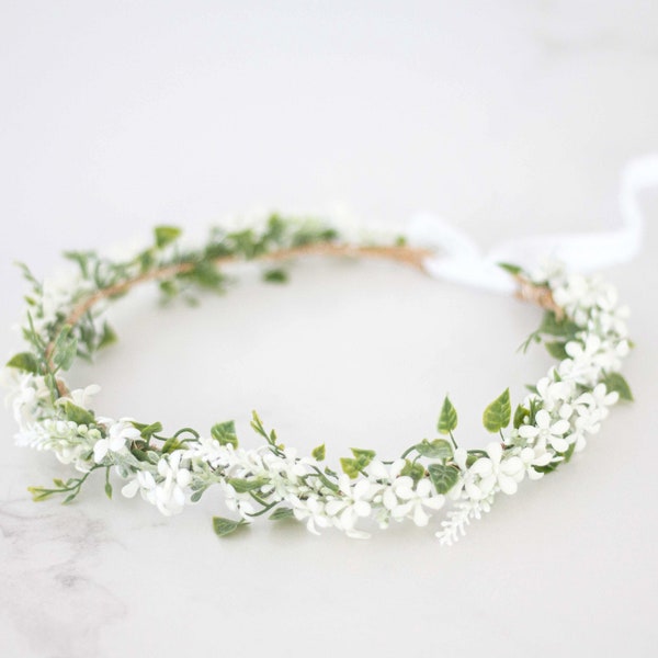 White flower crown, dainty floral headband, boho hair wreath, bride bridesmaid headpiece, rustic flower garland, flower girl halo adjustable