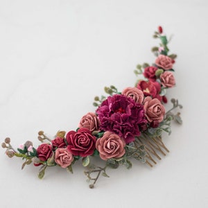 Burgundy flower comb for wedding, deep red dusty rose bridal comb, burgundy blush flower hair comb, rustic floral headpiece
