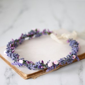 Lavender flower crown for wedding, dainty flower wreath, blush purple flower crown, delicate flower headband image 1