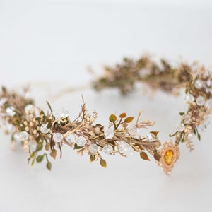 Elven tiara, gold flower crown, fairy costume, wedding floral headband, crystal elven circlet, elf headpiece, flower girl halo diadem