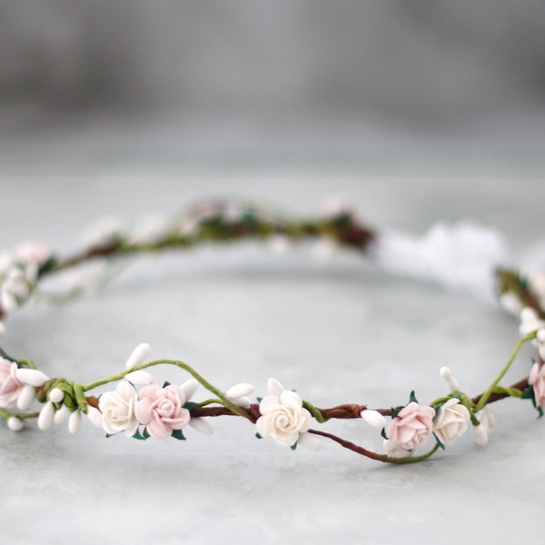 Blush white flower crown wedding, simple flower crown, dainty floral headband, boho hair wreath, bridal rustic crown, bohemian floral crown
