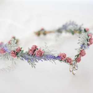 Lavender flower crown, elven diadem with crystal, woodland wedding circlet, elf tiara, witchy gift, elven costum, medieval renaissance halo
