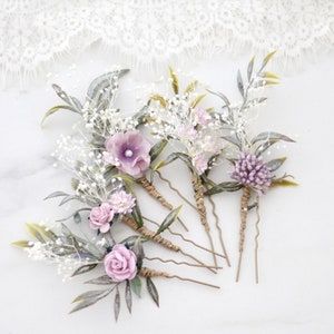 Soft purple flower hair pins, set dried floral hair pins, ivory lavender bobby pins wedding, bridal hair pin, bridesmaid hair pin