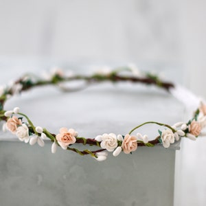 Peach white flower crown wedding, simple flower crown, dainty floral headband, boho hair wreath, bridal rustic crown, bohemian floral crown