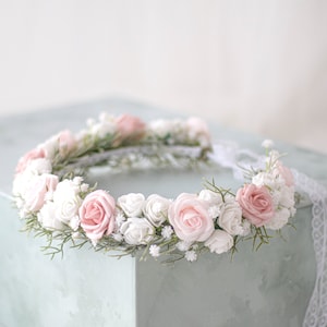 Blush white flower crown wedding, flower girl crown baby's breath & roses, light pink wedding headband