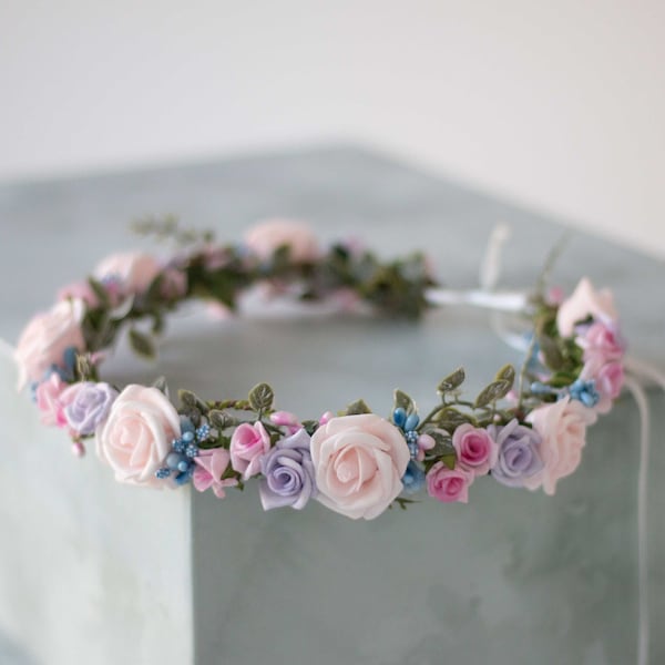 Pastel flower crown wedding, boho crown, soft pink blue purple hair wreath, bridal rustic crown, bohemian floral crown, flower girl halo