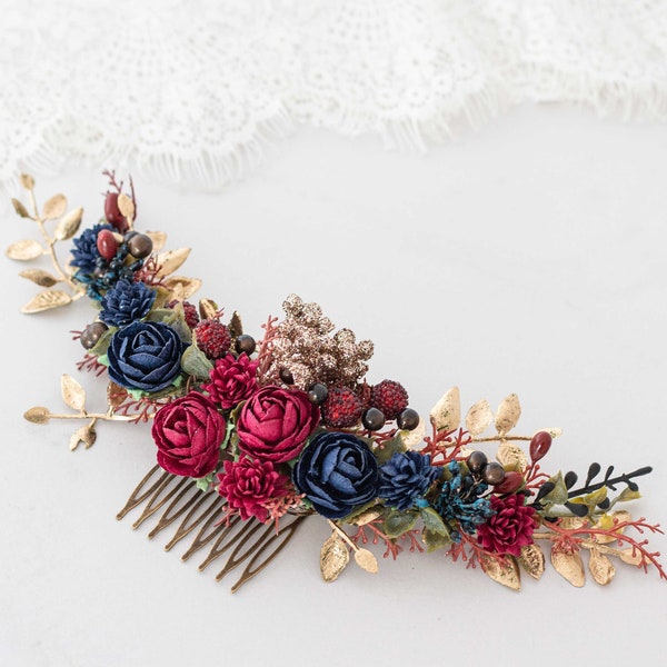 Burgundy gold flower comb for wedding, burgundy navy blue bridal comb, burgundy flower hair comb, rustic floral headpiece, dark floral comb