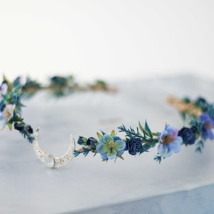 Moon tiara, navy blue elven crown, crescent moon headband, silver elven circlet, dainty flower halo, fairy headress costume, witch crown
