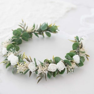 White flower crown wedding, baby's breath eucalyptus flower crown, wedding floral crown, woodland wedding headband