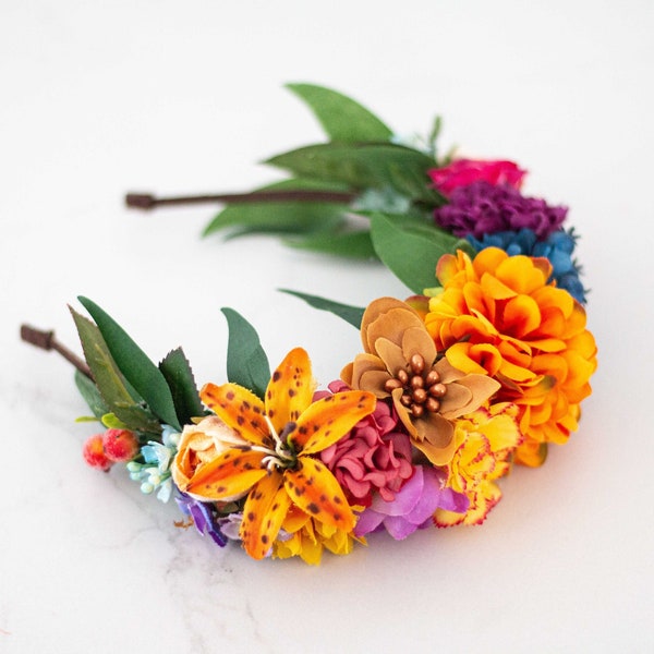 Colorful flower headband, vibrant floral crown, Frida Khalo headdress, bright floral head piece, bachelorette party hairband, cinco de mayo