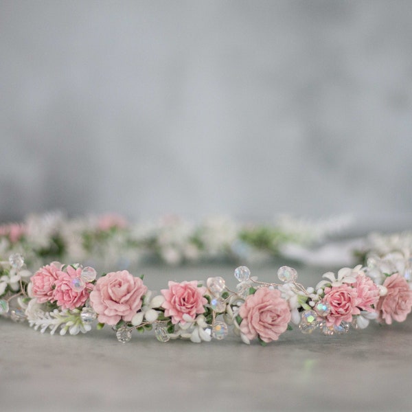 Pale pink white flower crown wedding, dainty head wreath, bridal hair accessories, thin hair crown, fine floral headpiece, flower girl halo