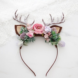 Purple pink deer antler headband, deer antler flower crown, christmas reindeer antlers, moose antler hairband, winter photo props
