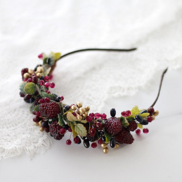 Flower headband with raspberries, forest flower crown, woodland floral crown, rustic flower headband, boho flower crown, flower hairband