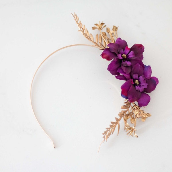 Purple gold flower headband, gold flower crown, side floral hairpiece, bridesmaid headdress fascinator, bridal hair wreath halo