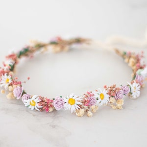 Meadow flower crown, dried flower crown for wedding, purple pink flower halo, preserved floral crown, dainty flower headband, flower girl imagem 1