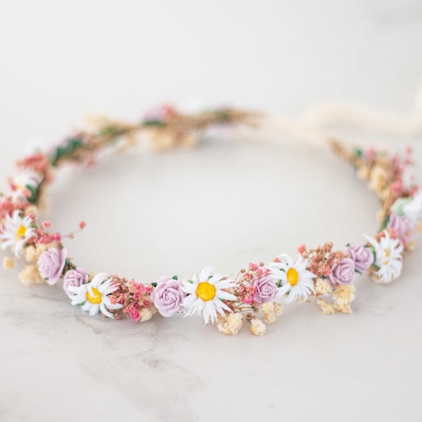 Meadow flower crown, dried flower crown for wedding, purple pink flower halo, preserved floral crown, dainty flower headband, flower girl
