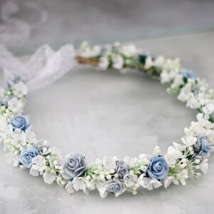 Dusty blue flower crown wedding, serenity flower crown bridal shower, flower girl halo, maternity shoot props, bridal flower wreath image 2