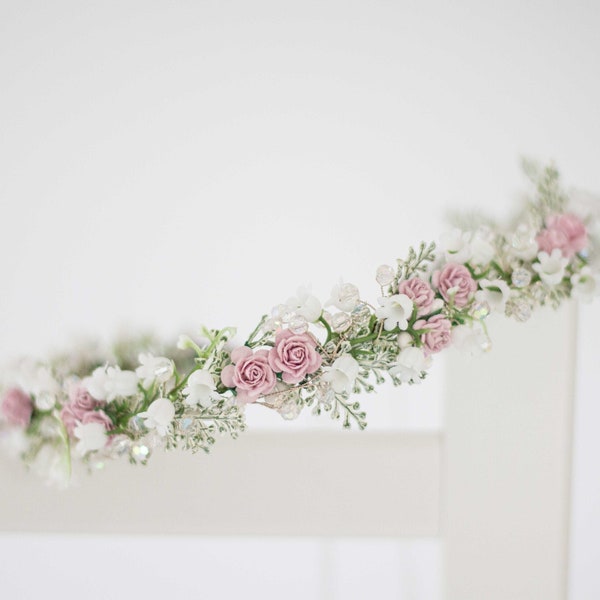 Purple white flower crown wedding, lily of the valley hair wreath, floral headband, bride head piece, crystal flower crown, flower girl halo