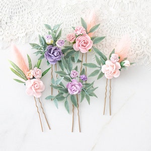 Pink purple flower hair pins wedding, set flower hair clip, blush soft purple bridal hair pins, hair pieces bride or bridesmaid boho