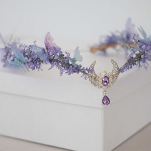 Moon tiara, butterfly flower crown, crescent moon headband, purple elven circlet, dainty flower halo, fairy headress costume, witch crown image 1