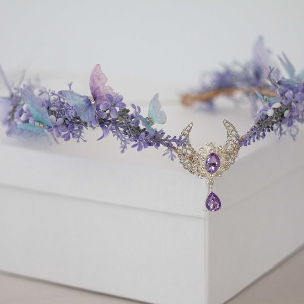 Moon tiara, butterfly flower crown, crescent moon headband, purple elven circlet, dainty flower halo, fairy headress costume, witch crown