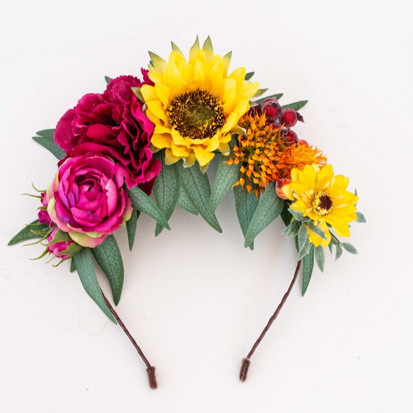 Sunflower flower headband, bright flower headpiece, mexican flower crown, frida flower crown, colorful  floral headpiece, flower hairpiece