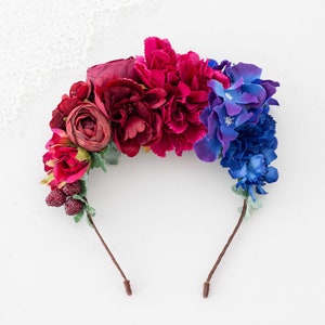 Purple burgundy flower headband, large flower headpiece, frida flower crown, mexican headpiece