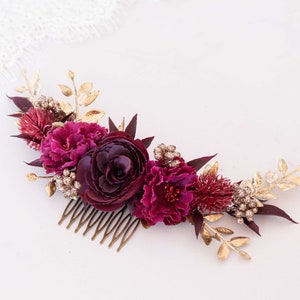 Burgundy Flower Hair Comb: Rustic Wedding Bridal Headpiece