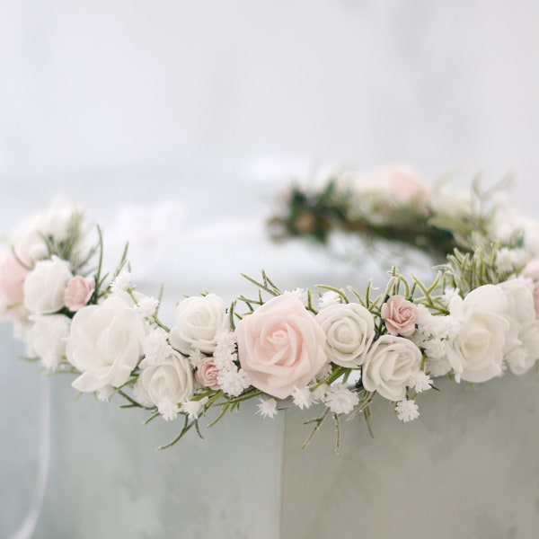 White blush flower crown wedding, pale pink floral crown, baby breath crown bridal, boho hair wreath, rustic crown maid of honor