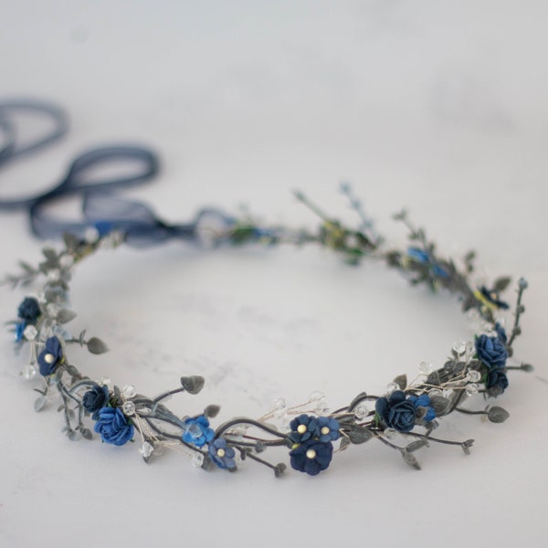 Navy blue flower crown for wedding, dainty hair wreath, delicate floral headband