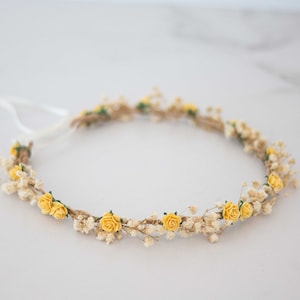 Yellow rose flower crown wedding, dried baby&#39;s breath hair wreath, babies breath headband, dainty hair piece, bridesmaids flower girl halo
