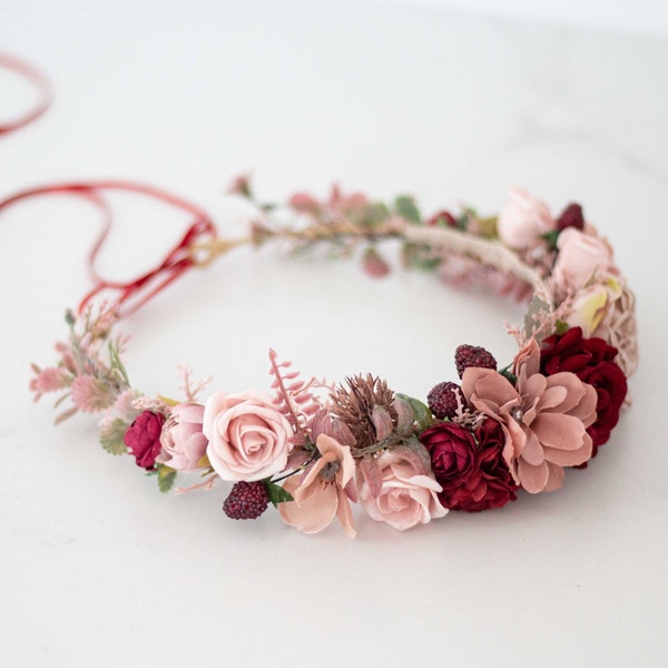 Flower crown wedding, burgundy dusty rose hair wreath, boho floral headband, bride headpiece, rustic flower garland, flower girl halo