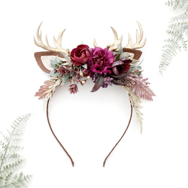 Deer antler headband, reindeer antler headband, winter flower crown, christmas photo prop