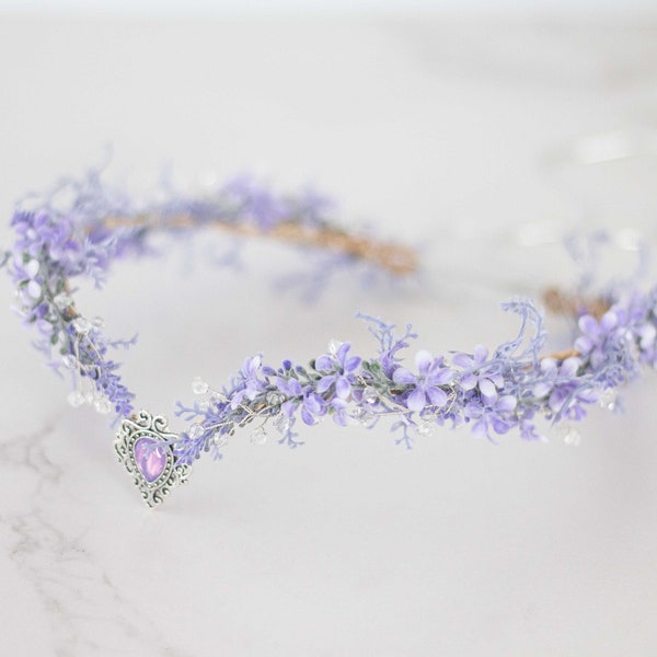 Lavender flower crown, elven circlet, fairy tiara, pale purple headband, crystal elven crown, elven queen floral tiara, elf headpiece