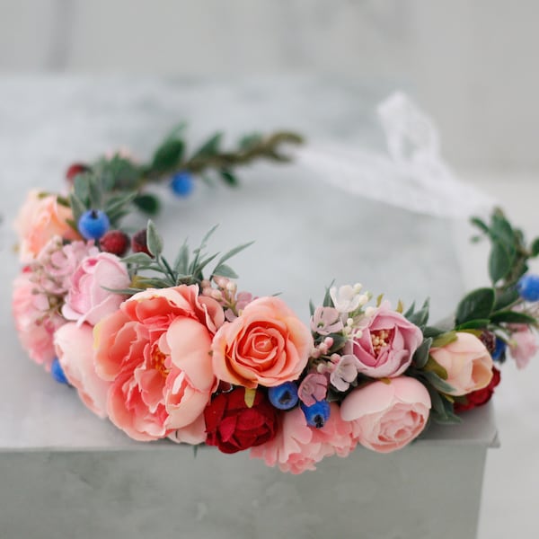 Blush peach peony flower crown for wedding, bohemian hair crown, large flower headband, flower head wreath, flower halo bridal shower