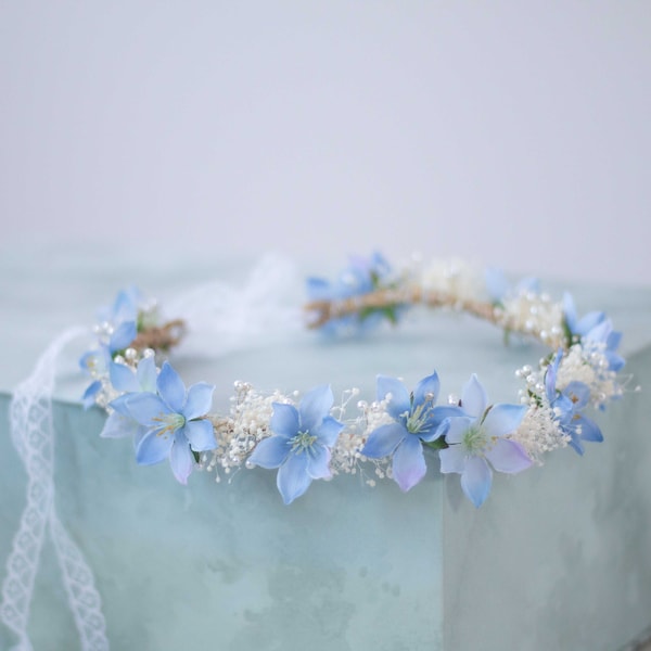 Blue Flower Crown: Baby's Breath Floral Headband, Adjustable Hair Wreath