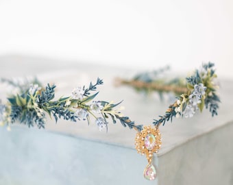 Blue Floral Elven Tiara: Woodland Fairy Crown Headpiece