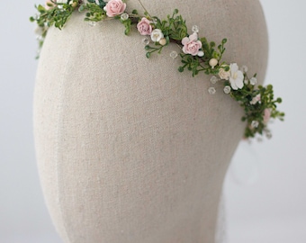 Danity flower crown wedding, blush floral headband bride
