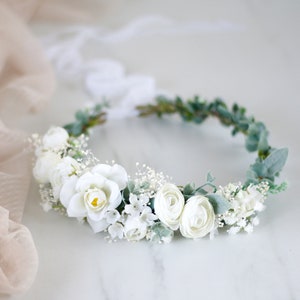 Eucalyptus flower crown wedding, ivory green flower crown, eucalyptus headband, green bridal crown, wedding headpiece, flower girl wreath