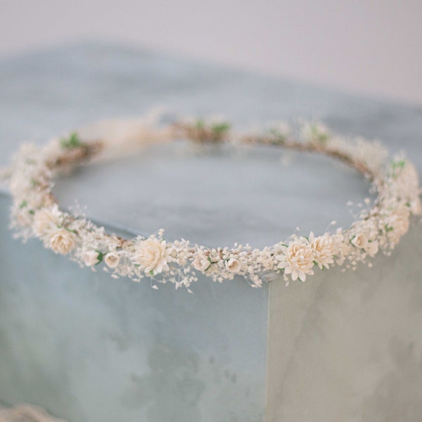 Dried baby's breath flower crown wedding, ivory hair wreath, babies breath headband, dainty hair piece, bride bridesmaids flower girl halo