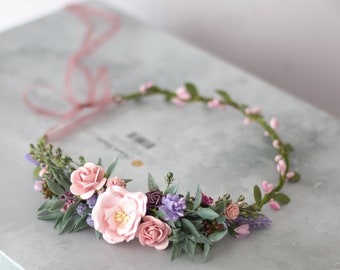 Purple pink flower crown wedding, lavender fairy crown, lavender flower wreath, bohemian flower crown, dainty flower crown