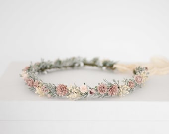 Dusty rose flower crown, dainty flower hair wreath, boho headband, bride bridesmaid headpiece, flower garland, flower girl halo adjustable